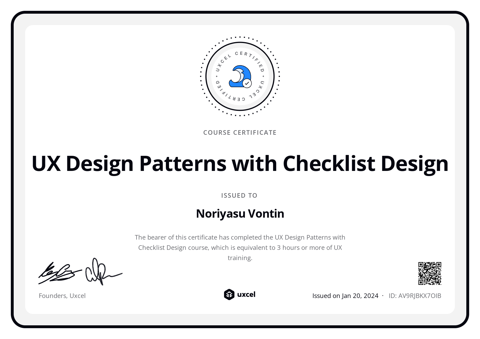 Noriyasu Vontin's certificate